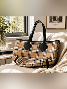 Burberry Reversible Vintage Check Tote Bag Leather Trim Red Tartan Interior